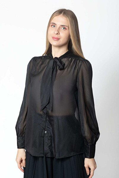 mica بلوزة نسائية شفافة بأكمام طويلة وأزرار أمامية