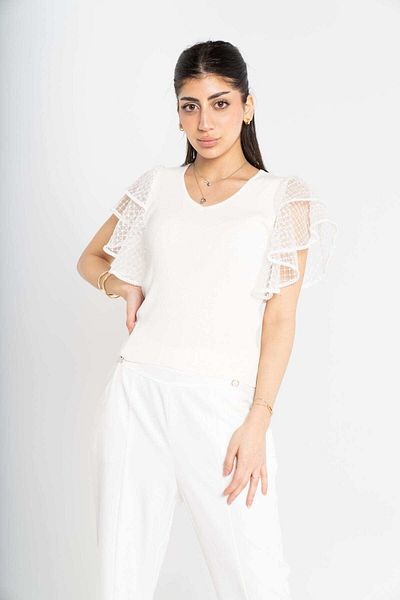 mica Solid Chiffon Short Sleeve Blouse with Round Neck