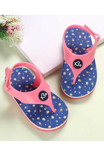 Babyoye Velcro Closer Flip Flops & Floral Print - Blue & Pink