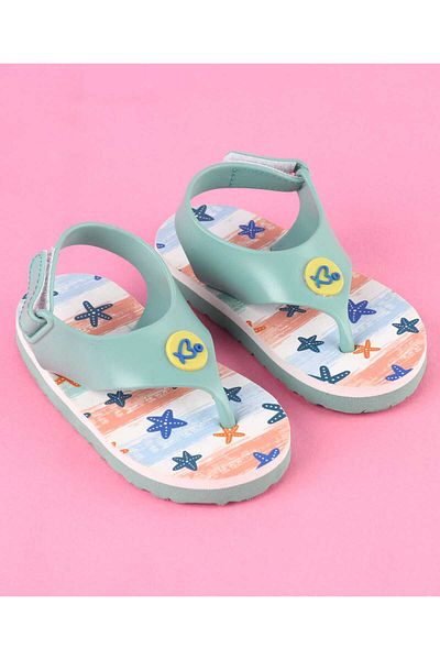 Babyoye Velcro Closure Flip Flops with Heart Applique & Star Print - Mint Green & Sky Blue