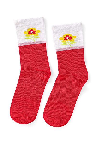 Honeyhap Premium Cotton Bamboo Knit Ankle Length Socks Floral Design Pack of 5-Red Pink & White