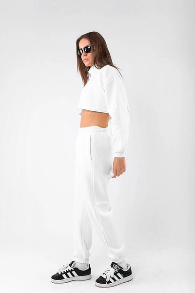 Bak Moda Double Zipper Basic Crop Oversize White Women's Tracksuit Set
