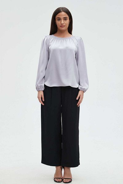 mica Women's Solid Blouse with Ruffled Neckline and Long Sleeves