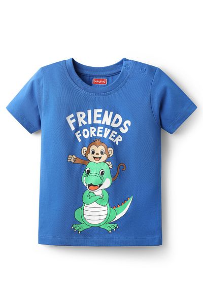 Babyhug طقم تي شيرت وشورت بأكمام نصفية من قماش جيرسي محبوك من Animal & Friends Forever - برتقالي وأزرق