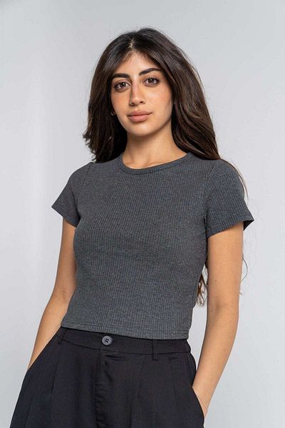 mica Short Ribbed Blouse with Short Sleeves