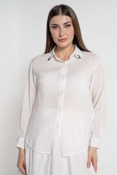 mica Embroidered Collar Long Sleeve Solid Shirt