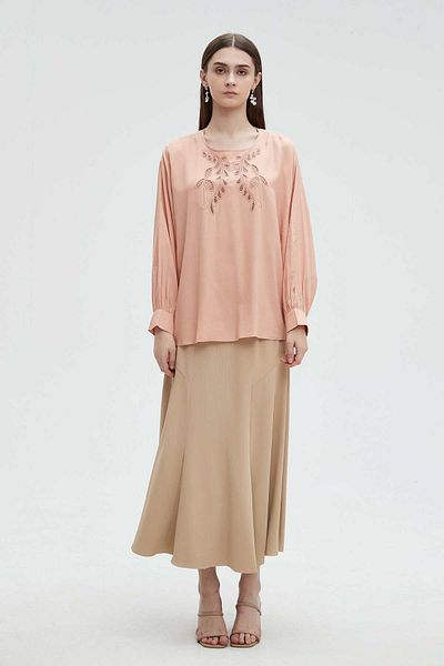 mica Women's Long Sleeve Blouse with Embroidery on the Chest