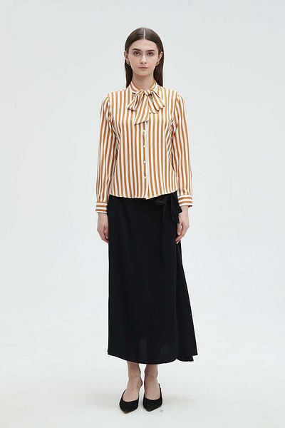 mica Striped Long Button-Up Blouse with Neck Tie