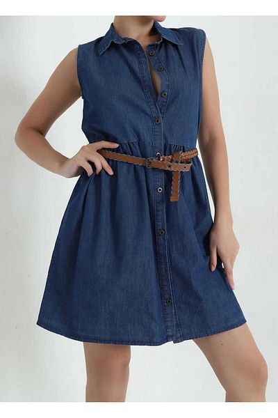 ŞIK VE MUTLU Navy Blue Collar Belted Denim Jeans Dress