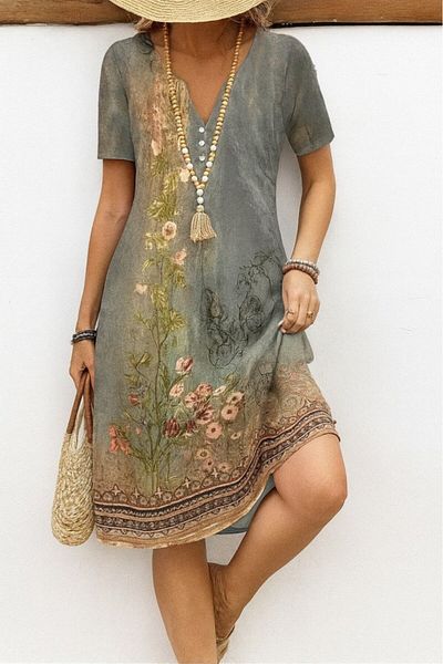 Kokosh moda Women's Short Sleeve V Neck Patterned Single Jersey Dress
