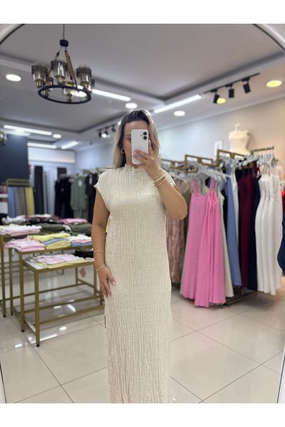 LİSAA BUTİK Zero Sleeve Back Detail Linen Dress