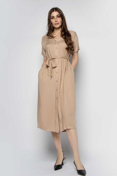 mica Women's Solid Midi Dress with Short Sleeves and Front Buttons