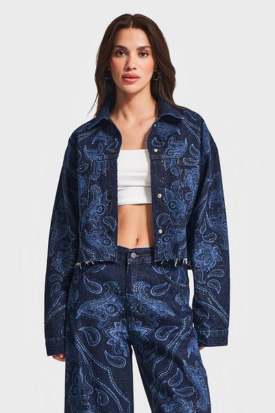 its basic Women's Dark Blue Color 9W5-5 Special Design Denim Jacket with Button Front and Shiny Stone Pattern
