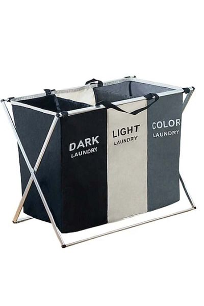 FOXMAG24 Coș de rufe, din material textil și cadru de aluminiu, cu 3 compartimente, negru/gri