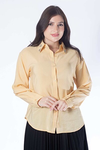 mica Embroidered Collar Long Sleeve Shirt with Front Buttons