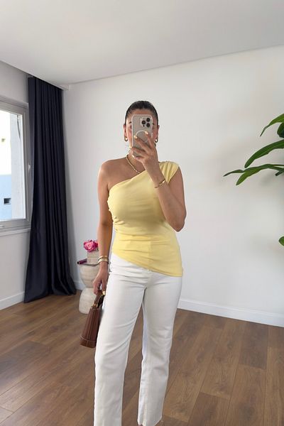 BİRCANÇİL Keta Yellow One Shoulder Blouse with Side Gather Detail