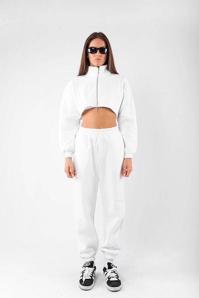 Bak Moda Double Zipper Basic Crop Oversize White Women's Tracksuit Set