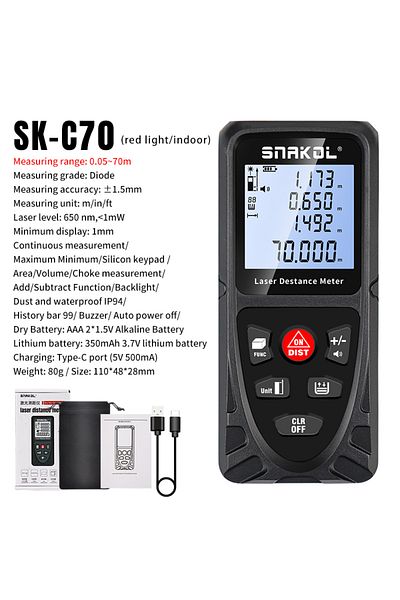 choice2 جهاز قياس المسافة الذكي SK-C70 SNAKOL 120M بالليزر لقياس المسافة بالأشعة تحت الحمراء ومقياس المدى المحمول القابل لإعادة الشحن عبر USB