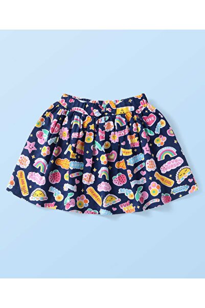 Babyhug Top & Skirt Set with Strawberry Print & Embroidery - Navy Blue & White