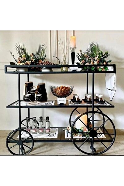 genric عربة بار معدنية سوداء فاخرة بثلاث طبقات من FFD مع أرفف زجاجية - متوفرة بمقاسين - Elegant Serv
