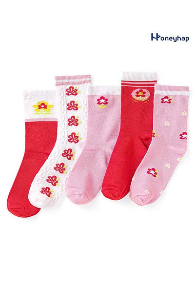 Honeyhap Premium Cotton Bamboo Knit Ankle Length Socks Floral Design Pack of 5-Red Pink and White
