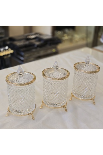 AlyaHomeAksesuar Set of 3 Footed Crystal Glass Sugar Bowl / Jar Gold