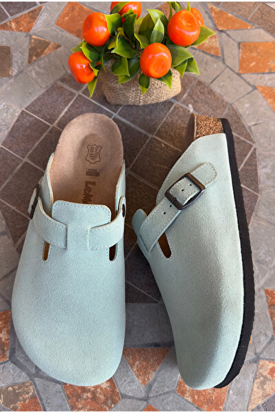 Lemoors Susana Natural Cork Sole Genuine Suede Leather Water Green Color Sabo Slippers