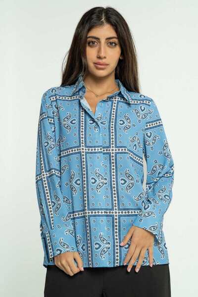 mica قميص منقوش بأكمام طويلة وفتحة رقبة