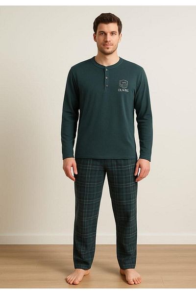 Ercan Men's cotton pyjama set - long sleeve top, long pants, green
