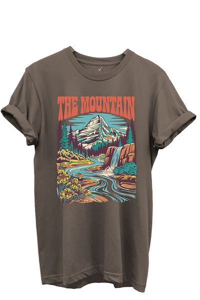 WİDİ The Mountain Written Mountain Landscape and Waterfall Printed 100% Cotton Regular Fit Unisex T-Shirt