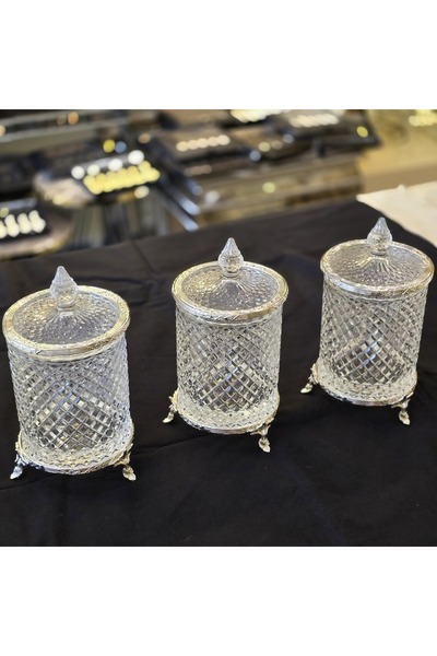 AlyaHomeAksesuar Set of 3 Footed Crystal Glass Sugar Bowl / Jar Set Silver