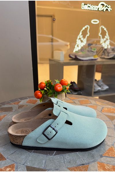 Lemoors Susana Natural Cork Sole Genuine Suede Leather Water Green Color Sabo Slippers