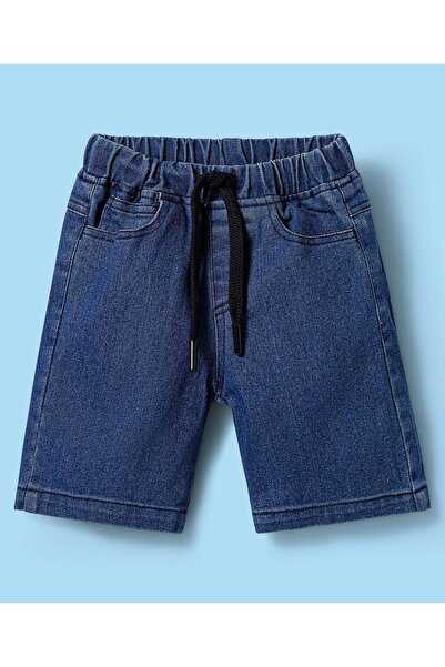 Babyhug Terry Knit Half Sleeves T-Shirt & Denim Shorts Set With Beach Theme Print - White & Blue