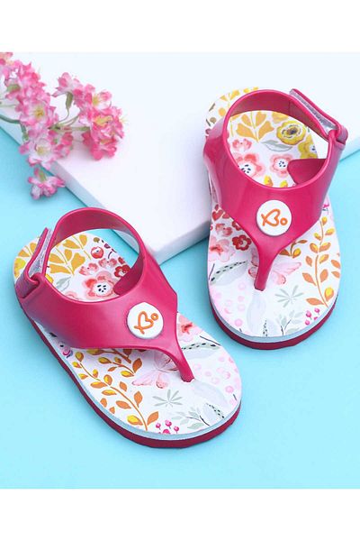 Babyoye Floral Printed Flip Flops with Velcro Closure - Dark Pink
