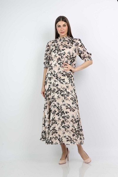 mica Women's Floral High Neck Blouse with 3/4 Puff Sleeves