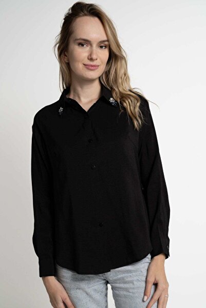 mica Embroidered Collar Long Sleeve Solid Shirt