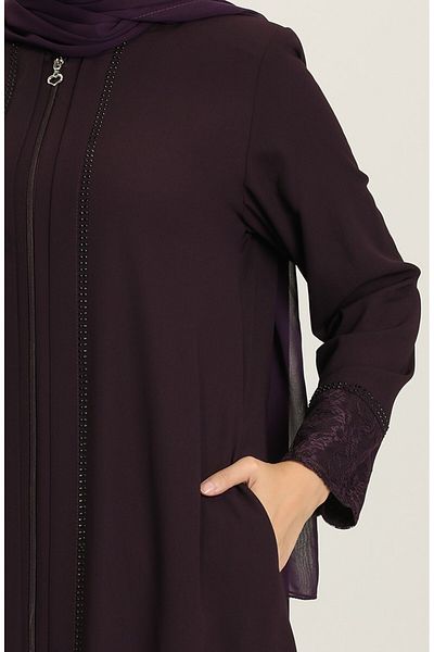 ISTANBUL STYLES Laser Stone Crepe Fabric Ferace with Stones on the Front and Laced Sleeves