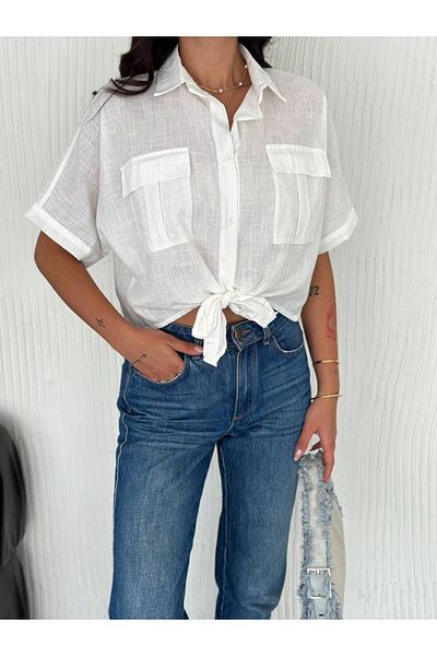 Noa Noa Short Sleeve Linen Shirt with Tie Detail