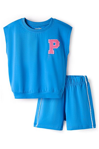 Primo Gino Primo Gino Cotton Elastane Knit Sleeveless T-Shirt & Shorts Set Paris Embroidery - Blue