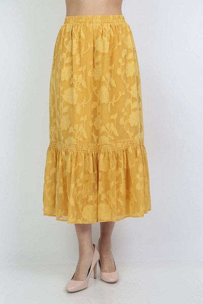 mica Embroidered Midi Skirt with 3D Floral Design and Ruffled Hem