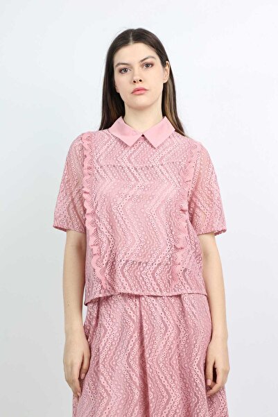 mica Women's Lace Shirt with Classic Collar and Short Sleeves