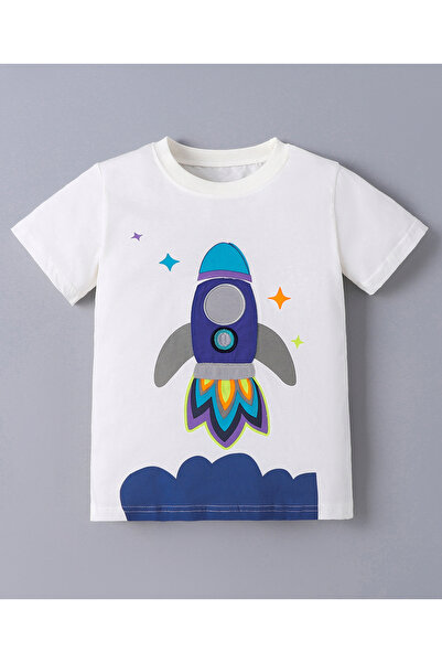SAPS 100% Cotton Rocket Graphic & Patch Detailed Short Sleeves T-Shirt & Shorts Set - White & Teal