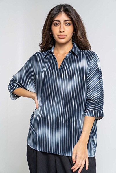 mica بلوزة نسائية مخططة كبيرة الحجم بأكمام ثلاثة أرباع