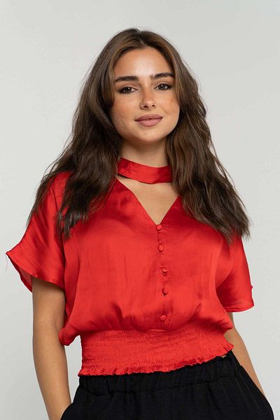 mica Solid Front Button Blouse with Short Sleeves