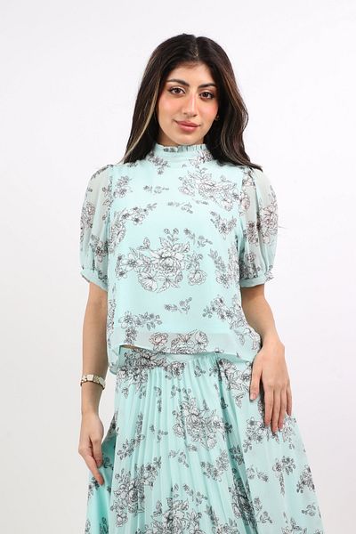 mica Floral Print High-Neck Half-Sleeve Blouse