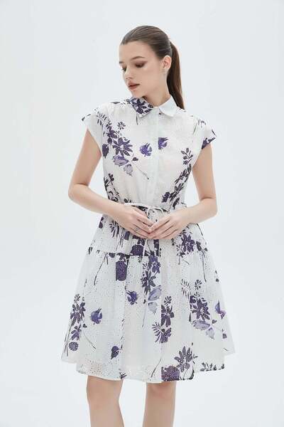 mica Knee-Length Floral Dress with Short Sleeves and Shirt Collar