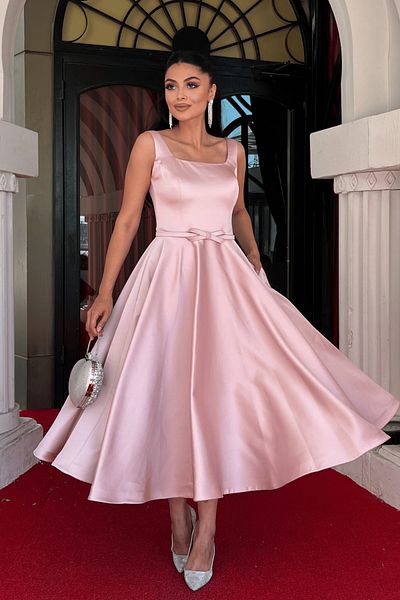 giyimmasalı Satin Fabric Thick Strap Midi Dress - Powder