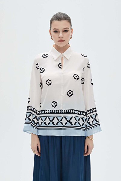 mica بلوزة نسائية مطبوعة بأكمام طويلة وياقة قميص