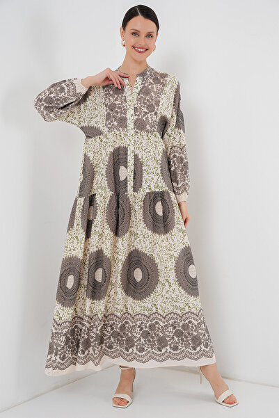 Merterium Women's Patterned Hijab Dress Brown 1010