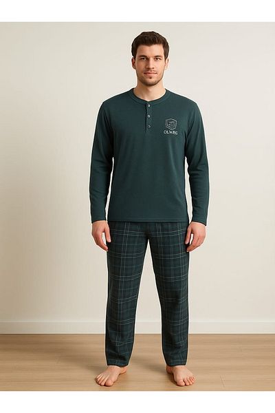 Ercan Men's cotton pyjama set - long sleeve top, long pants, green